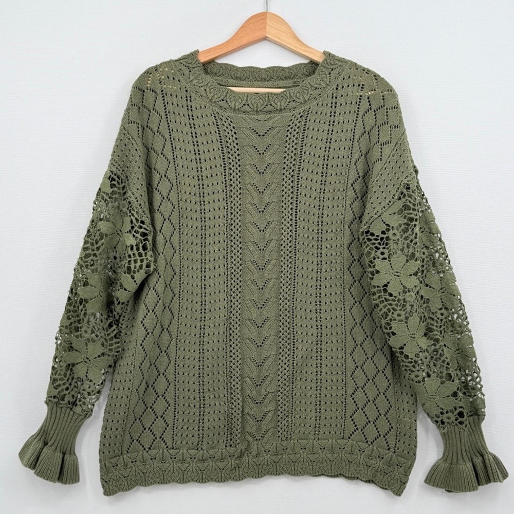 Unbranded Crochet Lace Sleeve Sweater Womens XL Green Boho Cottagecore Romantic